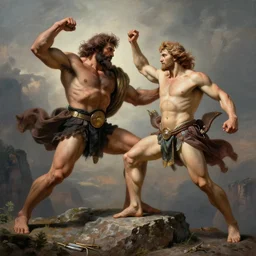Hercules in an intense fight against Perseus over a cliff, artwork by Stefan Kopinski and  Guillem H. Pongiluppi, photo realistic, atmospheric lighting, HDR, high detail