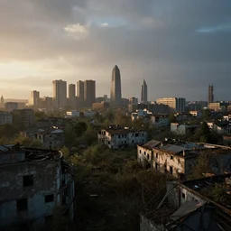 a film still landscape by roger deakins - an abandoned city, 3 5 mm lens, early morning, dramatic lighting, cinematography, cinematic, global illumination, highly detailed, photorealistic