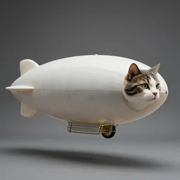“1920s floating blimp shaped like a cat”