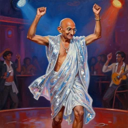 painting of photo realistic mahatma gandhi disco dancing in an english club of 1 9 6 0's, volumetric lightning