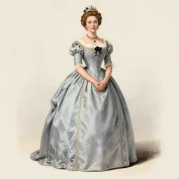 1 9 th century queen dessed in a [ [ [ | light grayish blue ] ] ] dress, illustration by ritkowski