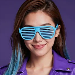 closeup painting of a very beautiful young mexican cyberpunk woman with a smirk, wearing light blue louvered shades and a purple leather jacket, one side haircut, long brown hair with light blue ends, portrait, hyperdetailed, artstation, cgsociety, 8 k, synthwave image