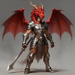 muscular halfing woman warrior, fully armored, wearing an enormous red dragon head, dnd character art, clyde cadwell