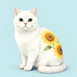 big white cat with sunflowers painted on its back sits on the floor, light blue background, cute, gentle, pale colors, detailed pencil drawing, stylized drawing, geometrical