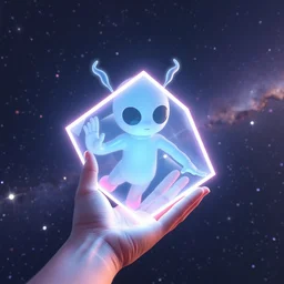 a celestial being in outer space, holding a transparent neon cube with its hand, galaxies can be seen in the background, in the style of a 3 d render