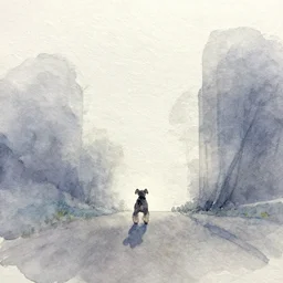 Incredible wide screenshot, ultrawide, simple watercolor, rough paper texture, ghost in the shell movie scene, backlit distant shot of a miniature schnauzer.