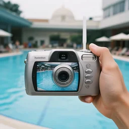 Beautiful 2000s phone-camera , soft liminal Photograph inside a public-pool