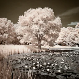 infrared photography, beautiful lone tree and lily pond by david keochkerian and mike irwin, ir filter