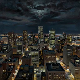 impressionistic full - color painting of a distorted mirror reflecting a nightmarish aerial view of boston downtown skyline in 1 9 2 5 at night with a horrifying sky, aerial view, dark, brooding, night, atmospheric, horror, cosmic, ultra - realistic, smooth, highly detailed by dave dorman
