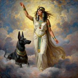 Full body oil painting of the beautiful goddess Gal Gadot as Cleopatra, she is wearing egyptian clothes and a surreal jewelry, her hair is natural disheveled, she is approaching heaven over the clouds, Anubis is close to her, naturalism, dramatic lighting, high-detailed oil painting by Ilya Repin, Michelangelo da Caravaggio, William Blake, Alex Grey and Beksinski, trending on Artsation, hystorical painting, naturalism, masterpiece, 4k, 8k,