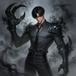 a highly detailed illustration of attractive korean man with bowl cut black hair wearing shirt and tie with giant black claws, wielding giant black fog claws pose, tired expression, foggy black mist surrounding background, intricate, elegant, highly detailed, centered, digital painting, artstation, concept art, smooth, sharp focus, league of legends concept art, wlop.