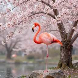 a flamingo in the middle of a gorgeous cherry blossom tree standing on a rock, 8 k, painting, highly detailed, high quality, coherent