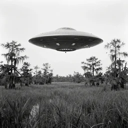 bright photo of an classical ufo above the louisiana swamp's, black and white, pictorialism, 1 9 2 0's