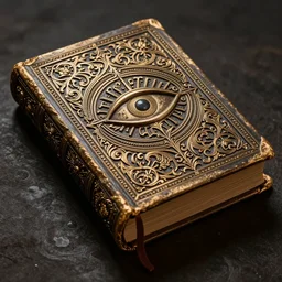 an ancient ornate intricate old tome spell book with the sigil symbol of an eye emblazoned on the cover, cinematic, realistic, intricate detail, finely detailed, small details, extra detail, photorealistic, high resolution, 3 d, pbr, path tracing, volumetric lighting, octane render, arnold render, 8 k