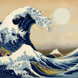 turbulent water with ships during golden hour, by hokusai,