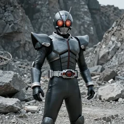 High Fantasy Kamen Rider, glowing eyes, moody colors, rock quarry daytime, grey rubber undersuit, segmented armor, Guyver Dark Hero