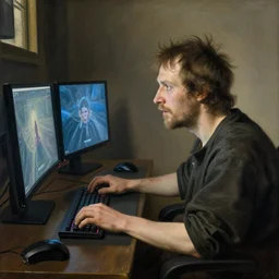 an unkempt man streaming himself playing video games, painted by jan van eyck,
