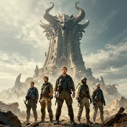 epic masterpiece of cinematographic hyperrealism where a group of archeologists appears in front of a large demonic tower. realistic shaded lighting poster by craig mallismo, artgerm, jeremy lipkin and michael garmash, unreal engine, detailed and intricate environment, digital art, art station trends, horror, night, dark and stormy, matte