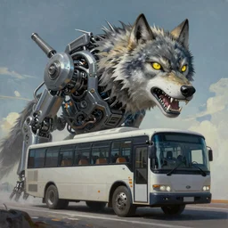 Transformer hybrid of bus and wolf, having cabin if form of wolf head with big yellow eyes looking at us full of rage and long mechanical body - it is bus with wheels and windows, mechanical form of life, oil on canvas, fantasy, magic, dream, digital painting, concept art, smooth, sharp focus, illustration, artstation trending, octane render, unreal engine, anime style, cyberpunk