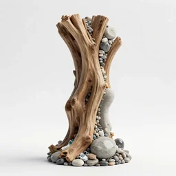 a pristine, slick, column made from driftwood, washed stone, concrete, 3 d print, plastic garbage, river pebbles, zaha hadid, organic shape, parametric design, concept art, cinema 4 d, slick, high - res, octane render, trending on artsstation, unreal engine, unity 3 d, white background