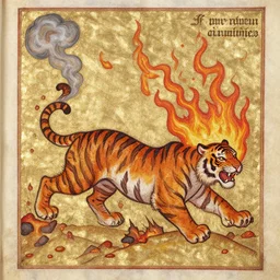 bad drawn tiger made of smoke, lava and fire flying in the sky with many legs in a medieval manuscript, medieval manuscript, golden miniatures
