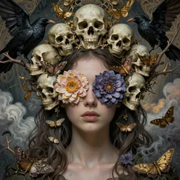 ornate, intricate, young, beautiful, woman, ethereal, flowers covering eyes, skulls, art by emil melmoth, gustave dore, craig mullins, yoji shinkawa, art germ, pete morbacher, hyper detailed, high detail, artstation, hyperrealistic, unreal engine 5, ravens, branches, ghost, clouds, colors, moths, gold, morbid headpiece,