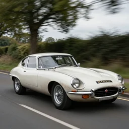 street photography by saul leiter, award winning photo of an ultra detailed dirty high quality!! jaguar e - type!! car speeding very fast along an english country road, fast shutter speed, motion blur, tiny gaussian blur, highly detailed, highly intricate, depth of field, trending on top gear, car magazine