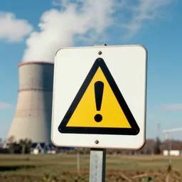 photo of small sign showing a danger symbol, in the background there is a nuclear tower with lots of steam, pictorialism style