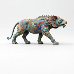 etablishing wide view shot of stunning colorful intriguing elegant painted massive * poetic * sculpture of a mysthical animal by * beth cavener * in empty empty white space exposiion. elegant animal living form. with collaboration of ellen jewett, zhelong xu, beth cavener, sayaka ganz, edouard martinet, john o'reilly and judith klaus