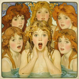 realistic detailed painting of a 1 6 - year old girl who resembles millie bobby brown and saoirse ronan and anya taylor joy, soaking wet and mouth open in complete surprise, by alphonse mucha, ayami kojima amano, charlie bowater, karol bak, greg hildebrandt
