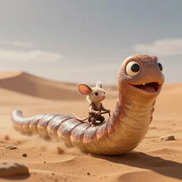 on the dune of arrakis we see a close up of a tiny fremen desert mouse character steering a giant sandworm, blender animation, macro focus, hero shot and dramatic angles,