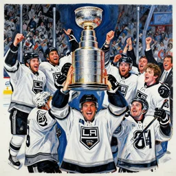los angeles kings hockey team, 2 0 1 4 stanley cup celebration, la kings, detailed, los angeles kings hockey players, brilliantly colored, expressionist painting, screenprint of hockey athletes winning the 2 0 1 4 stanley cup, celebration, by leroy neiman