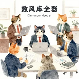watercolor illustration style, group of office cats in jackets research different projects, business, inspiring art