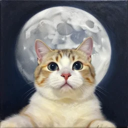 a very pretty cat taking a selfie in the foreground at the moon, oil on canvas,