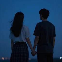 Romantic couple, holding hands, view from behind, staring at a night sky, high definition digital art,