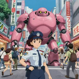 Artwork by James Jean, Phil noto and hiyao Miyazaki ; (1) a young Japanese future samurai police lady named Yoshimi battles an (1) enormous evil natured carnivorous pink robot on the streets of Tokyo; Japanese shops and neon signage; crowds of people running; Art work by Phil noto and James Jean and studio ghibli
