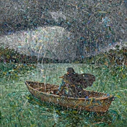 an person with a cape on sitting in an boat in the middle of an green lake during storm, Matte painting , detailed painting, greg rutkowski