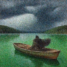 an person with a cape on sitting in an boat in the middle of an green lake during storm, Matte painting , detailed painting, greg rutkowski
