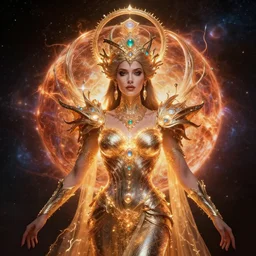 portrait of the powerful queen of the solar system in the style of anna dittmann and in the style of bob eggleton. glowing, ornate and intricate, stunning, dynamic lighting, organic and detailed.