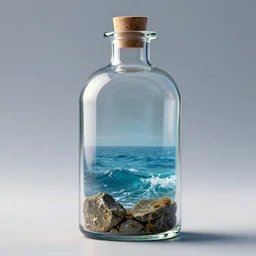 a realistic ocean scene in a glass bottle, hyper realistic, render, hd,