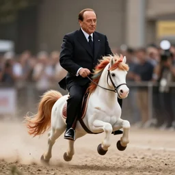 wide angle full body action shot silvio berlusconi riding a my little pony, professional, high quality, multi colored mane, 4 k, dof, bokeh, action, dramatic lighting, photorealistic, digital art, detailed, hq, photorealism