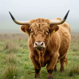 close up of a single highland cattle on a field with high grass and light fog. nature photography