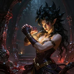 Baphomet fistfighting a savage woman with wild spiky black Saiyan hair, dark dungeon, bloody walls, fantasy art, absurd quality
