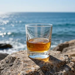 a glass of whiskey on a rock looking out on the ocean, realistic, hdr, clear image, hdd, dynamic lighting, rtx on,