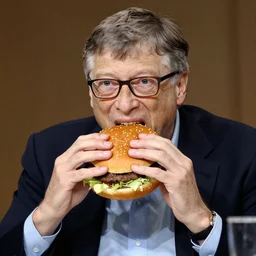 photo of bill gates struggling to eat a giant hamburger