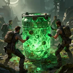 agents from (Tom Clancy's The Division) are recovering a glowing green toxic container, digital concept art, by Tom Garden