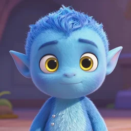 a blue skinned male elf with yellow eyes, forwards facing, Pixar, high resolution, cute