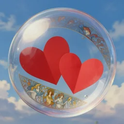 two red paper hearts inside a clear glass spherical bubble. blue sky with clouds background. fantasy, d & d, intricate, beautiful, highly detailed, elegant, artstation, concept art, smooth and sharp focus, rpg artwork, illustration, painting by ilya kuvshinov, alphonse mucha, gaston bussiere, craig mullins, j. c. leyendecker, rene maritte, tian zi, wlop, alsphonse mucha, artgerm.