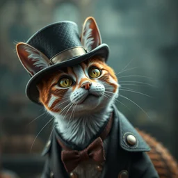 a cat with a tophat, unreal engine 5, realism, funny pictures of cats, featured on artstation, the image is based on a steampunk setting
