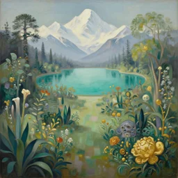 a cubist painting of a paradise garden, a land of the dead, divine, hazy, volumetric lighting, snowy summits in the background, vast turquoise lake, lush flora, empty, spacetime bending, very detailed, serene, gold accents, washed out colors, beautiful artwork, master level composition, raytracing